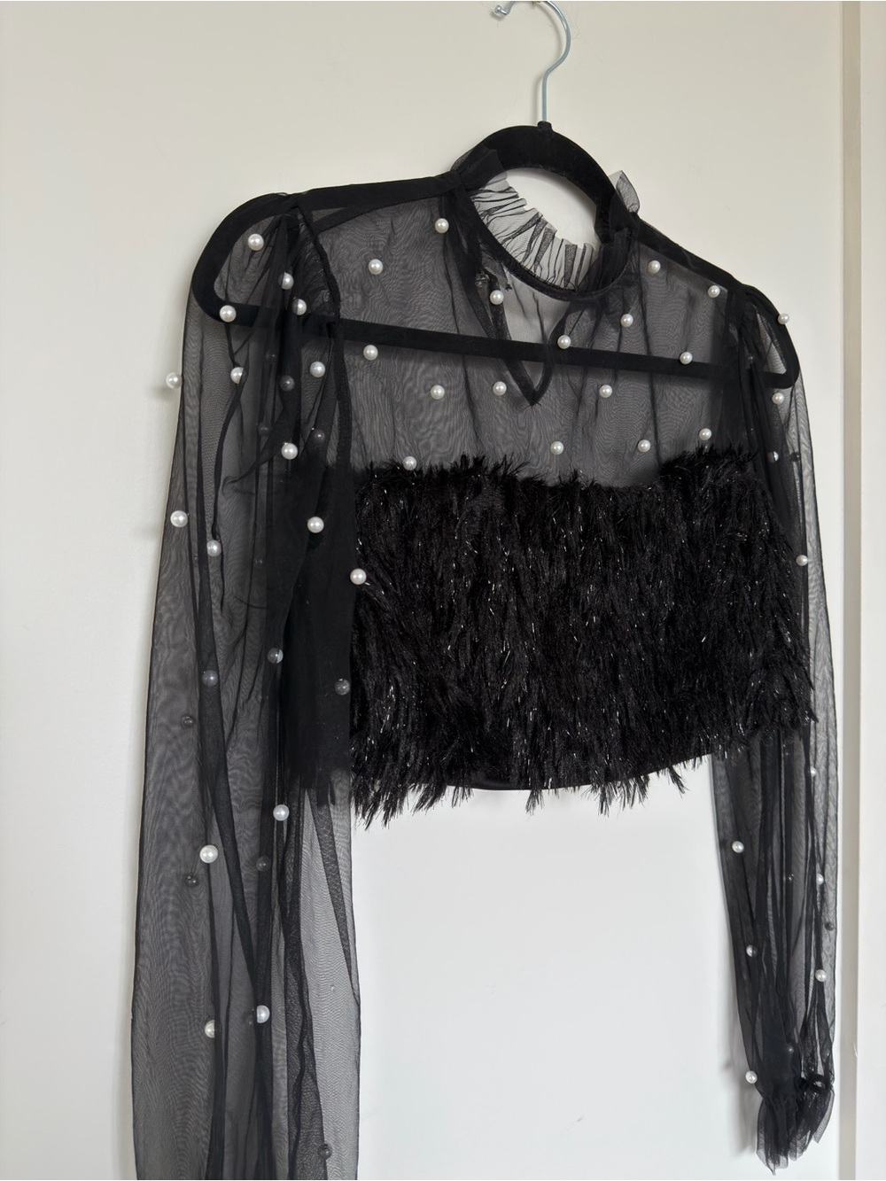 3/$45 SHEIN Black Sheer Pearl-Embellished Feather-Trim Crop Top - Picture 3 of 7